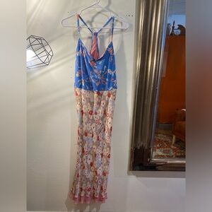 OOAK Upcycled yoga top Floral Maxi Dress with Blue and Red Accents